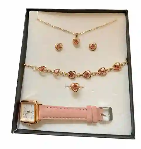 Set Reloj Rosa Y Accesorios En Caja