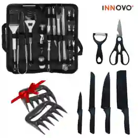 Combo Utensilios Asado X29 Piezas + Set X6 Cuchillos Negros + Obsequio 2 Garras De Oso