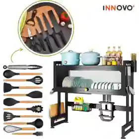 Combo Escurridor Puerta + Set Utensilios X12 + Set X6 Cuchillos Negros