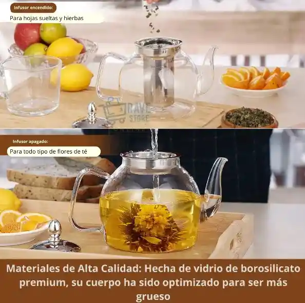 Tetera En Vidrio De 1.2 Litros Con Filtro Infusor Extraíble