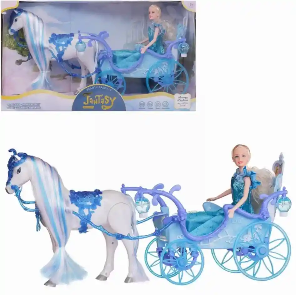Muñeca Princesa Con Caballo Y Carruaje Mágico Azul