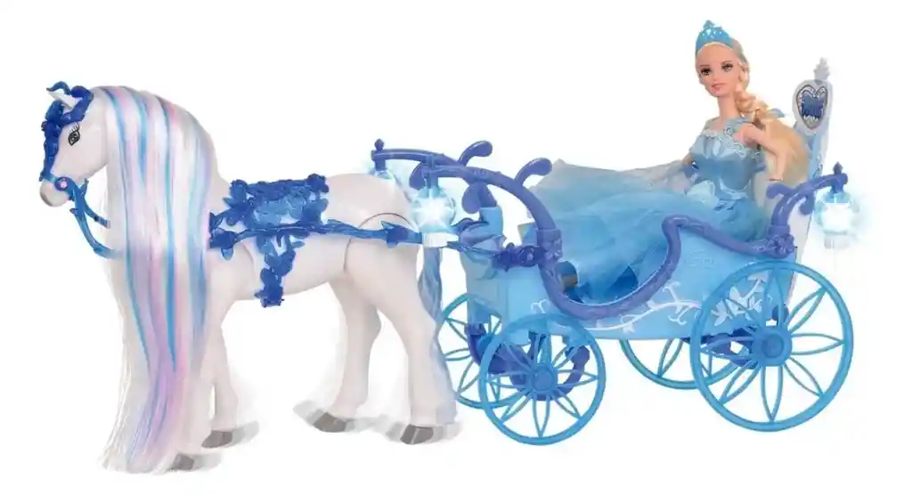 Muñeca Princesa Con Caballo Y Carruaje Mágico Azul