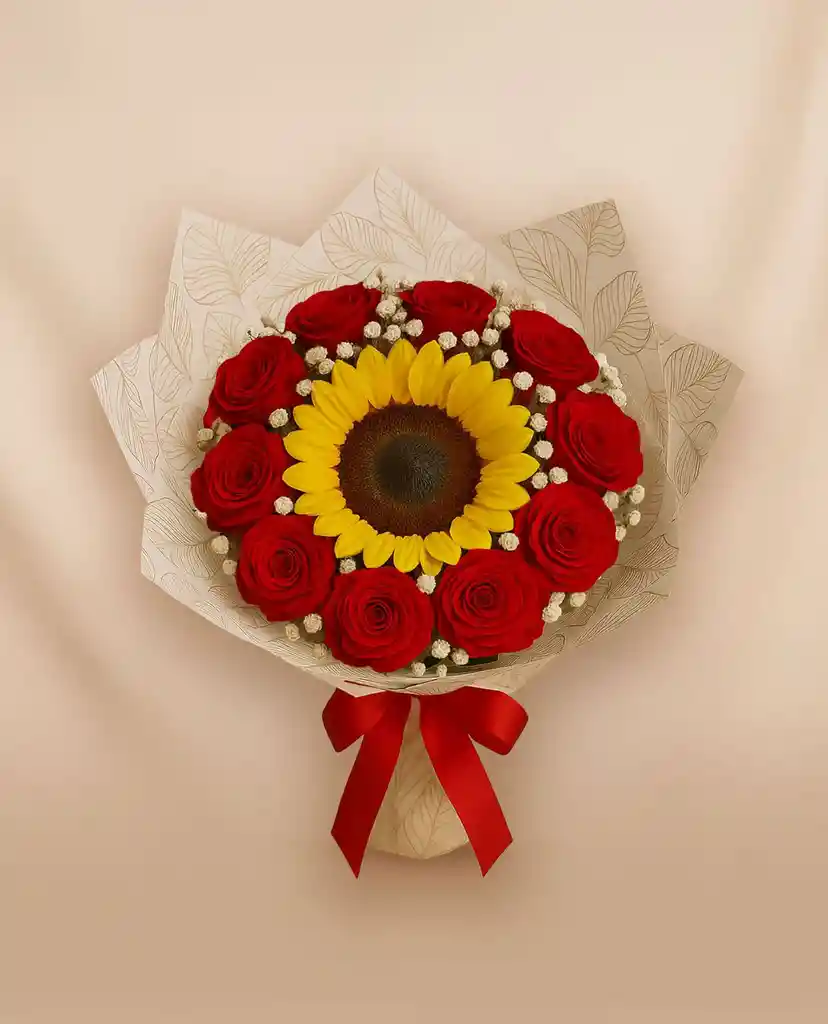 Bouquet De Girasol Con Rosas Rojas