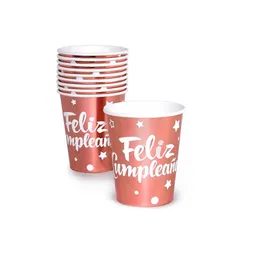 Vaso Metalizado Con Mensaje Feliz Cumpleaños Oro Rosa X10unid