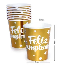 Vaso Metalizado Con Mensaje Feliz Cumpleaños Dorado X10unid