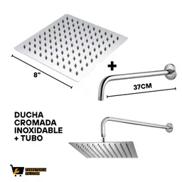 Ducha Cuadrada Cromada 8" + Tubo De 38cm