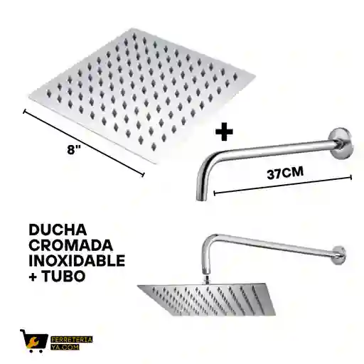 Ducha Cuadrada Cromada 8" + Tubo De 38cm