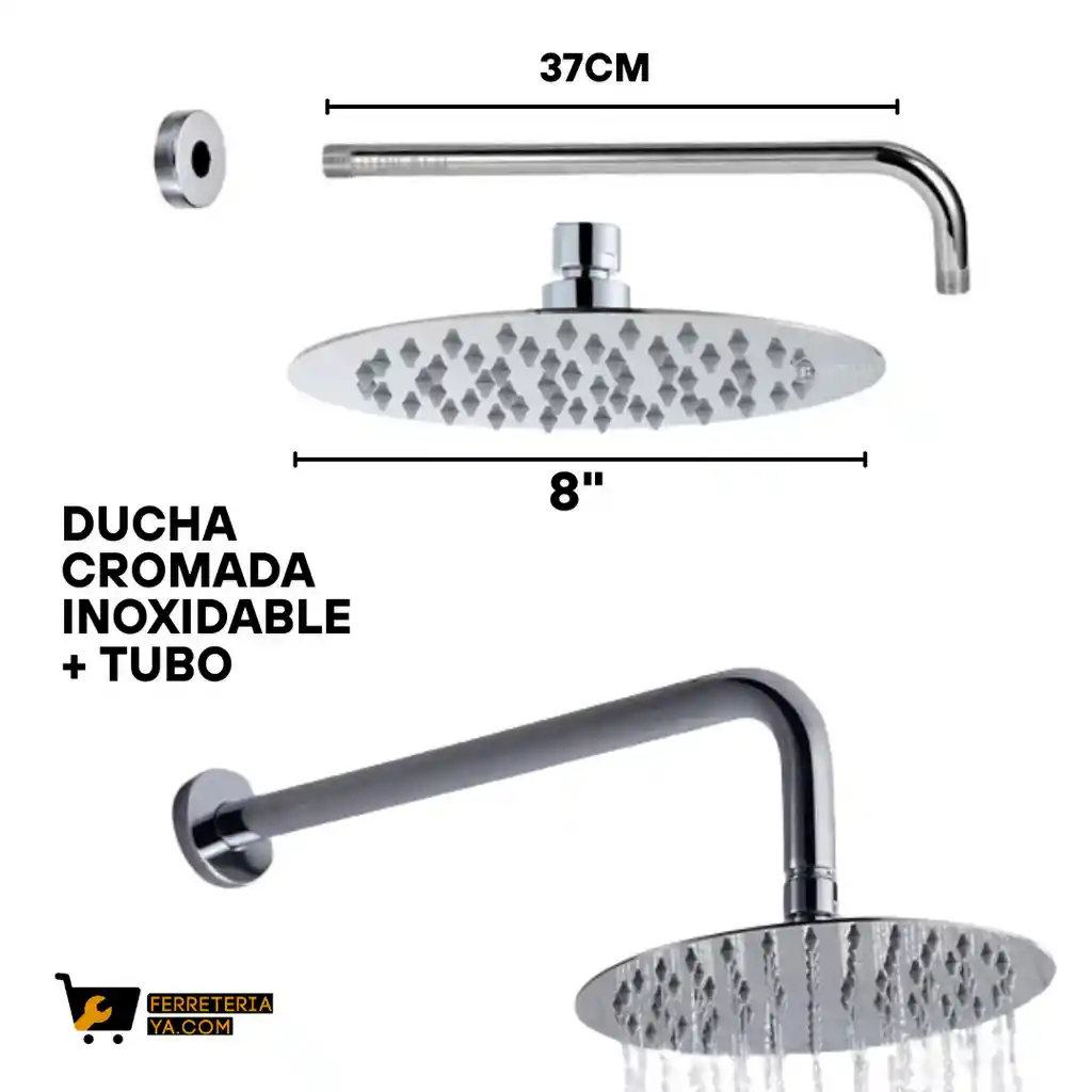 Ducha Redonda Cromada 8" + Tubo Metalico Cromado De 38cm