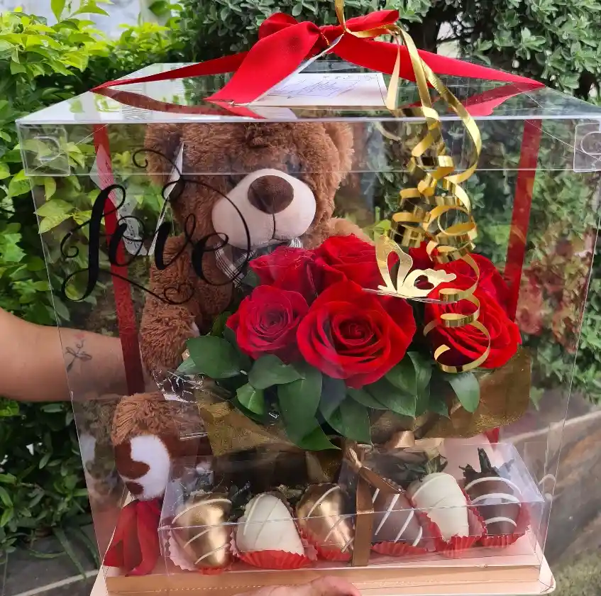 Oso En Caja Con Rosas Y Fresas Con Chocolate