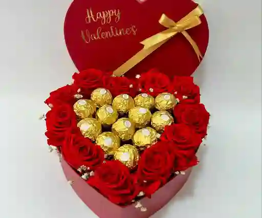 Caja Corazón Con Rosas Y Ferreros