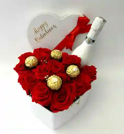 Caja De Lujo Corazón Con Rosas, Ferreros Y Jp Chenet 200ml