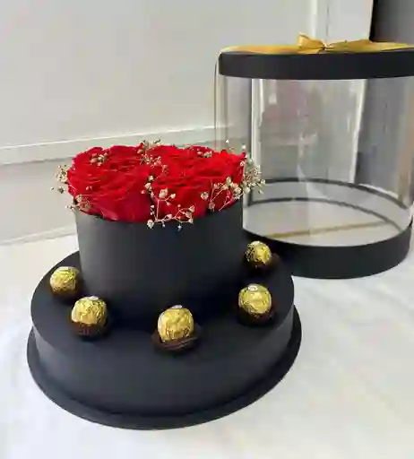Caja De Lujo Cilindro Con Rosas Y Ferreros