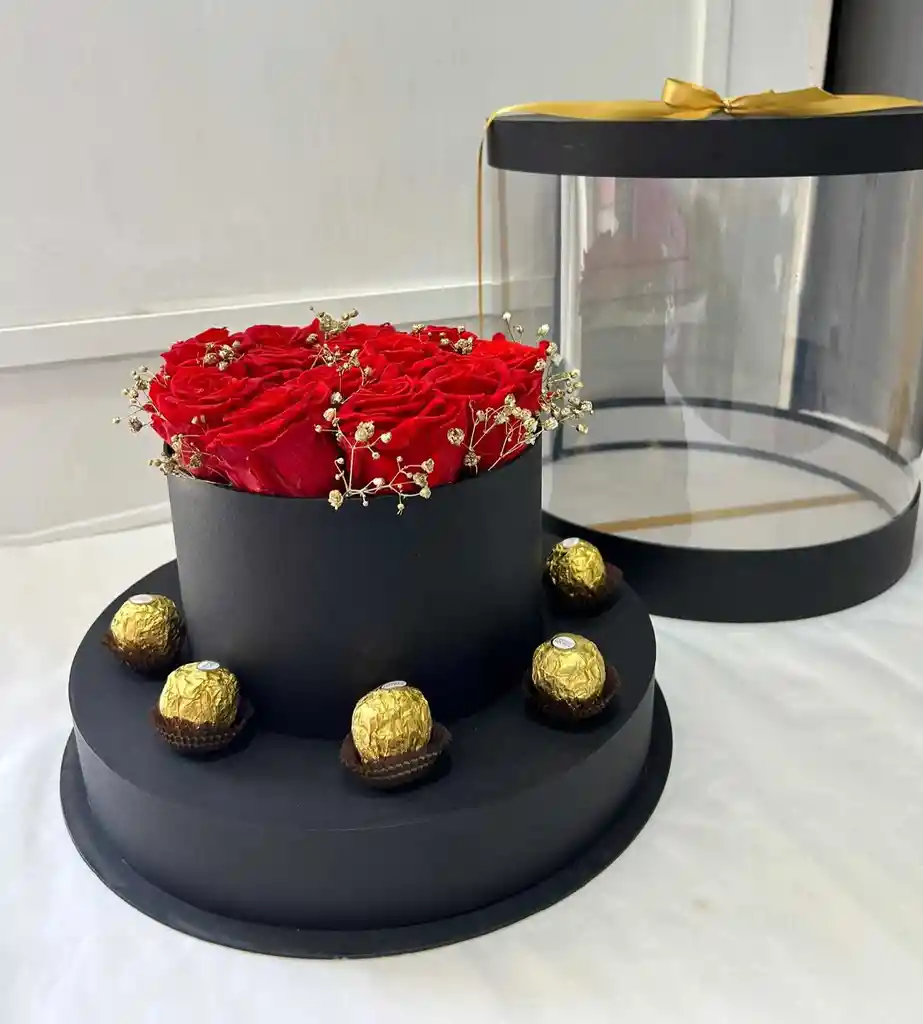 Caja De Lujo Cilindro Con Rosas Y Ferreros