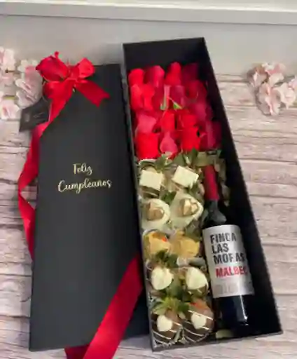 Caja De Lujo Rosas Y Vino