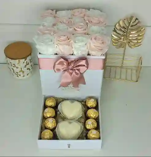 Caja Gaveta 16 Rosas Preservadas Ferreros Y Chocolates Rellenos