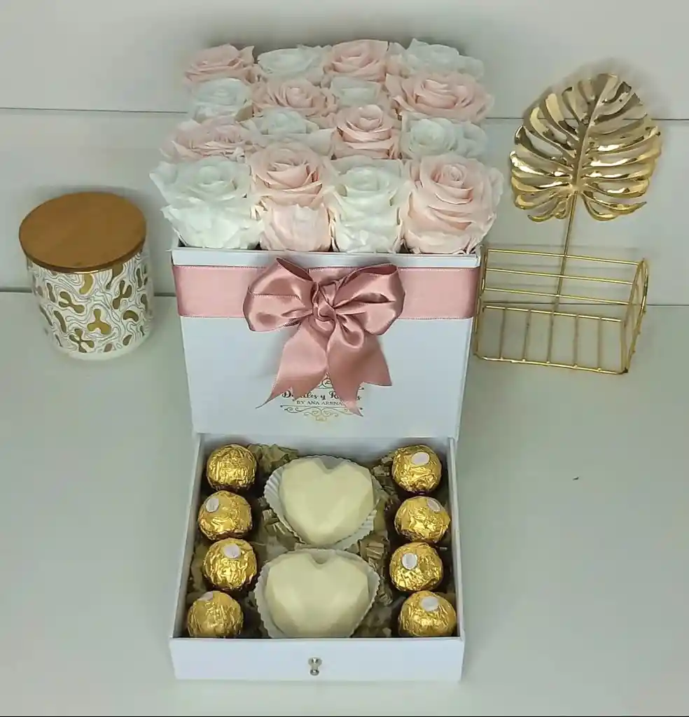 Caja Gaveta 16 Rosas Preservadas Ferreros Y Chocolates Rellenos