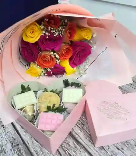 Combo Bouquet Rosas Y Caja Corazón Económica Fresas Con Chocolate