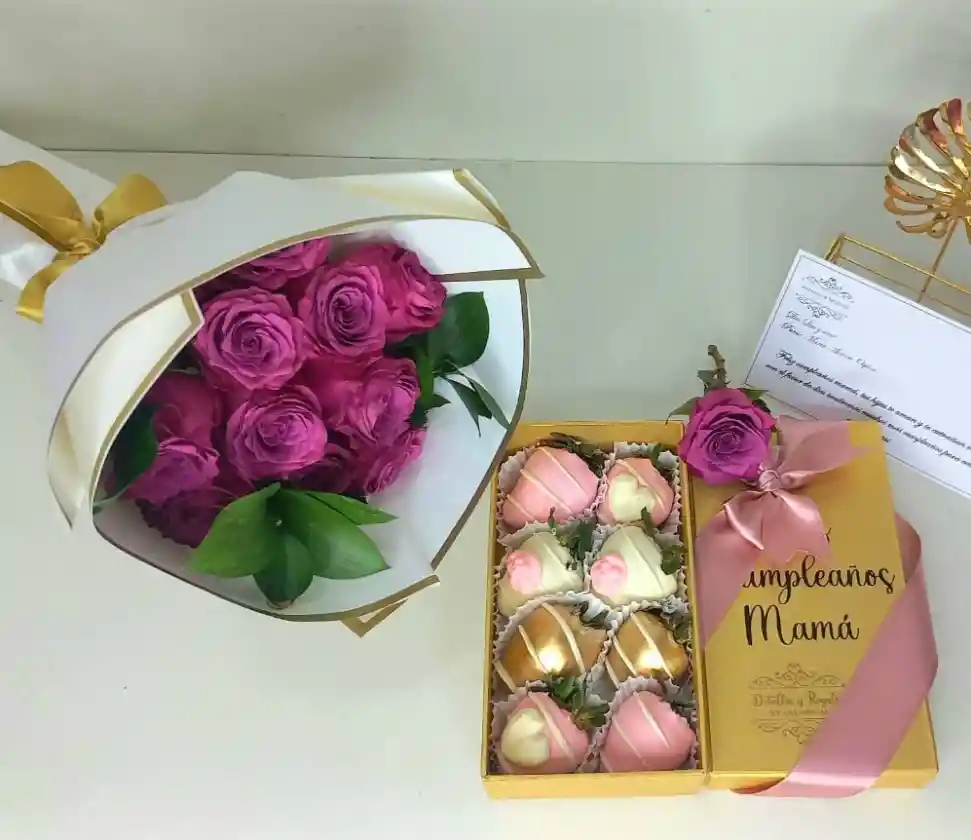 Combo Bouquet De Rosas Y Caja De Lujo Con Fresas Con Chocolate