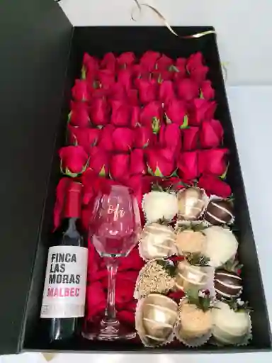 Caja Estuche De Lujo Con Rosas, Vino 375 Ml, Copa Y Fresas Con Chocolate, Tamaño Xl