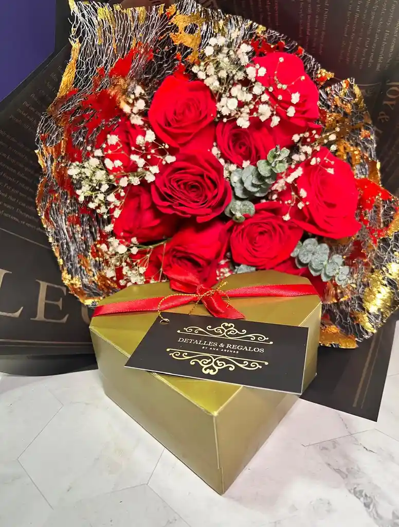 Combo Promoción (bouquet + Caja Eco Corazón Rellenos De Chocolate)