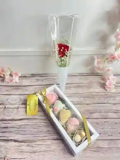 Combo Rosa En Cono Solitario De Acetato Grande Y Caja De Chocolate Relleno Con Fresas Con Chocolate