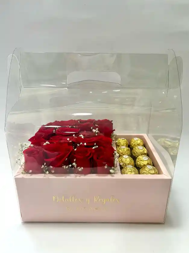 Caja Con 16 Rosas Y Ferreros Tipo Lonchera