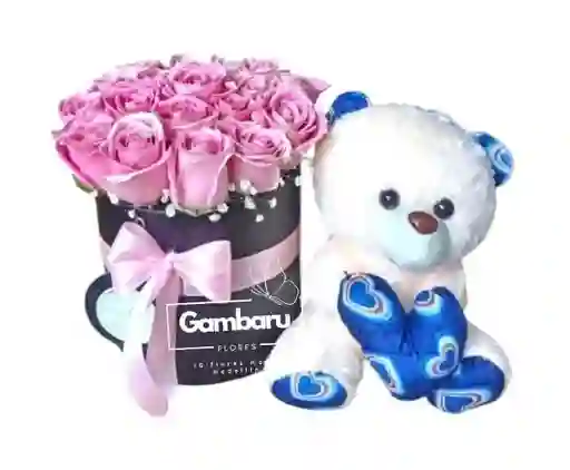 Flores Rosas Rosadas En Cilindro Y Peluche