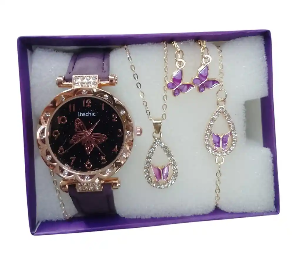 Kit Reloj Mariposa Para Mujer + Juego De Collar Aretes