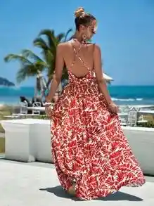 Vestido Largo De Verano Casual De Vacaciones Con Cuello En V Profundo, Estampado De Hojas Divididas, Vestido Halter De Vacaciones En La Playa Para Mujeres