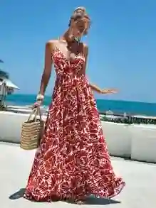 Vestido Largo De Verano Casual De Vacaciones Con Cuello En V Profundo, Estampado De Hojas Divididas, Vestido Halter De Vacaciones En La Playa Para Mujeres