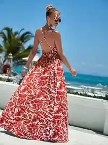 Vestido Largo De Verano Casual De Vacaciones Con Cuello En V Profundo, Estampado De Hojas Divididas, Vestido Halter De Vacaciones En La Playa Para Mujeres