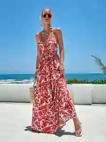 Vestido Largo De Verano Casual De Vacaciones Con Cuello En V Profundo, Estampado De Hojas Divididas, Vestido Halter De Vacaciones En La Playa Para Mujeres