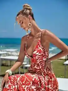 Vestido Largo De Verano Casual De Vacaciones Con Cuello En V Profundo, Estampado De Hojas Divididas, Vestido Halter De Vacaciones En La Playa Para Mujeres