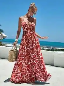 Vestido Largo De Verano Casual De Vacaciones Con Cuello En V Profundo, Estampado De Hojas Divididas, Vestido Halter De Vacaciones En La Playa Para Mujeres