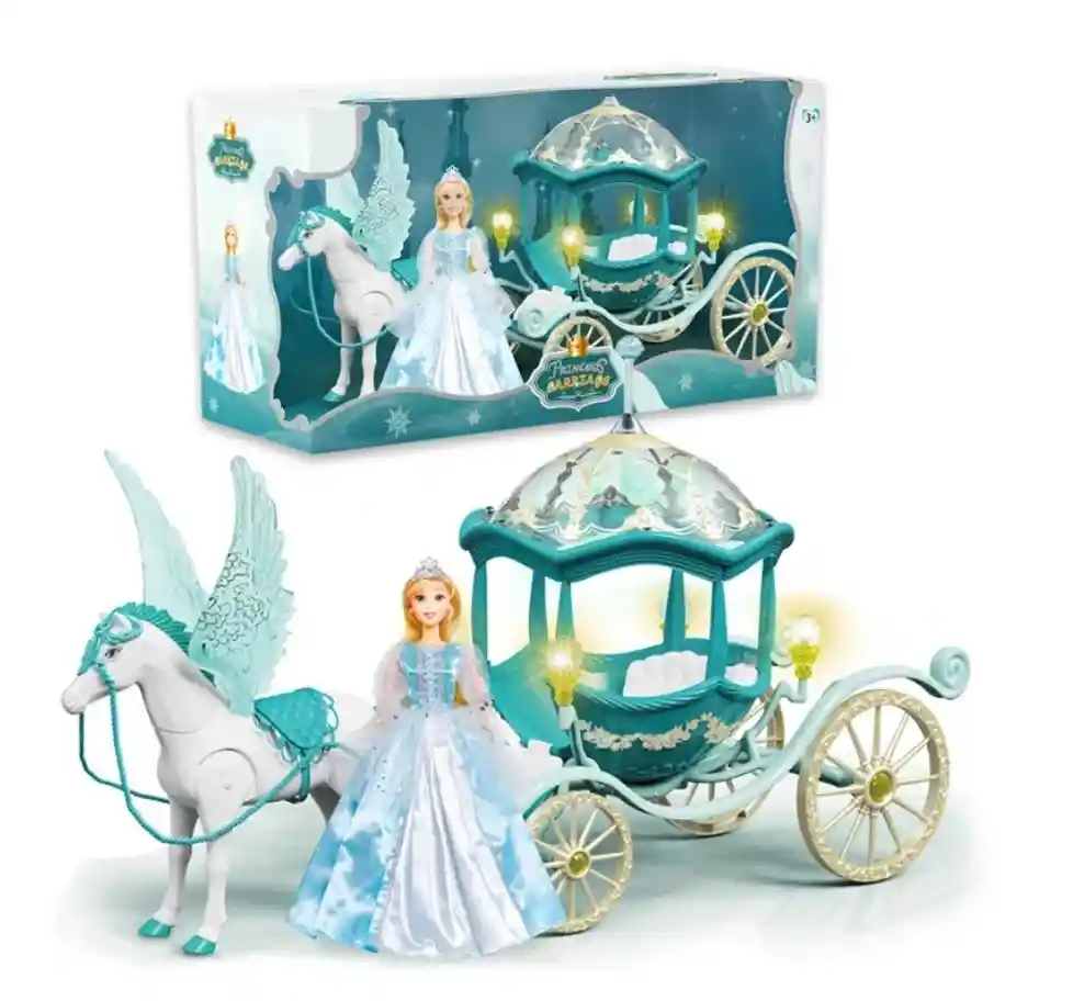 Muñeca Princesa Con Pegaso Y Carruaje Mágico Azul