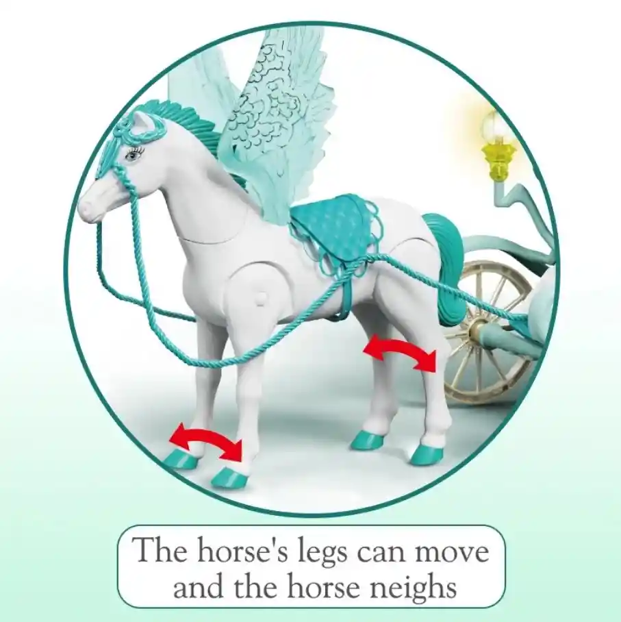 Muñeca Princesa Con Pegaso Y Carruaje Mágico Azul