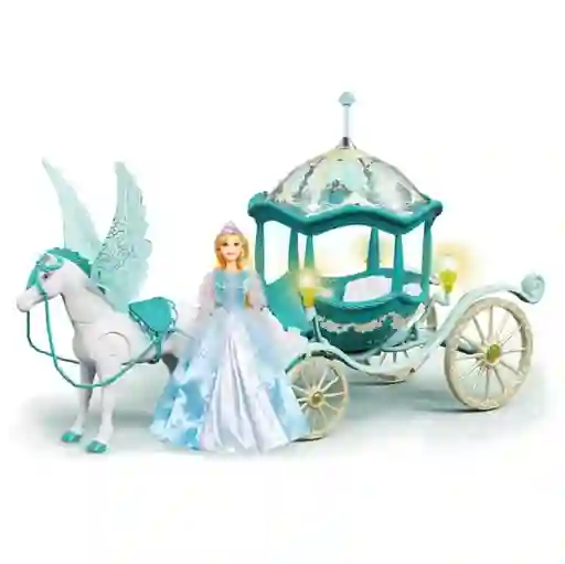 Muñeca Princesa Con Pegaso Y Carruaje Mágico Azul