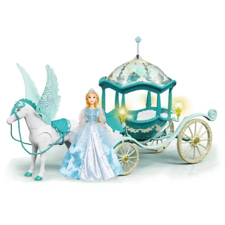 Muñeca Princesa Con Pegaso Y Carruaje Mágico Azul