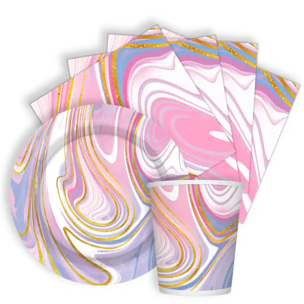 Kit Platos Vasos Y Servilletas Desechables Marmoleado Rosa Marca Sempertex