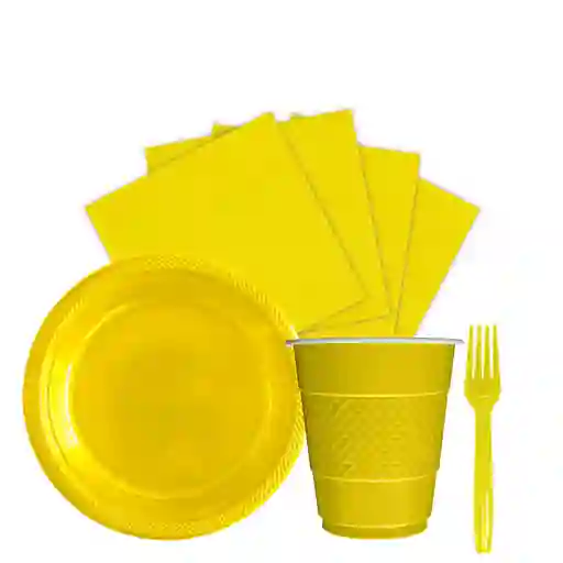 Kit Platos Vasos Servilletas Y Tenedores Desechables Unicolor Amarillo Marca Sempertex