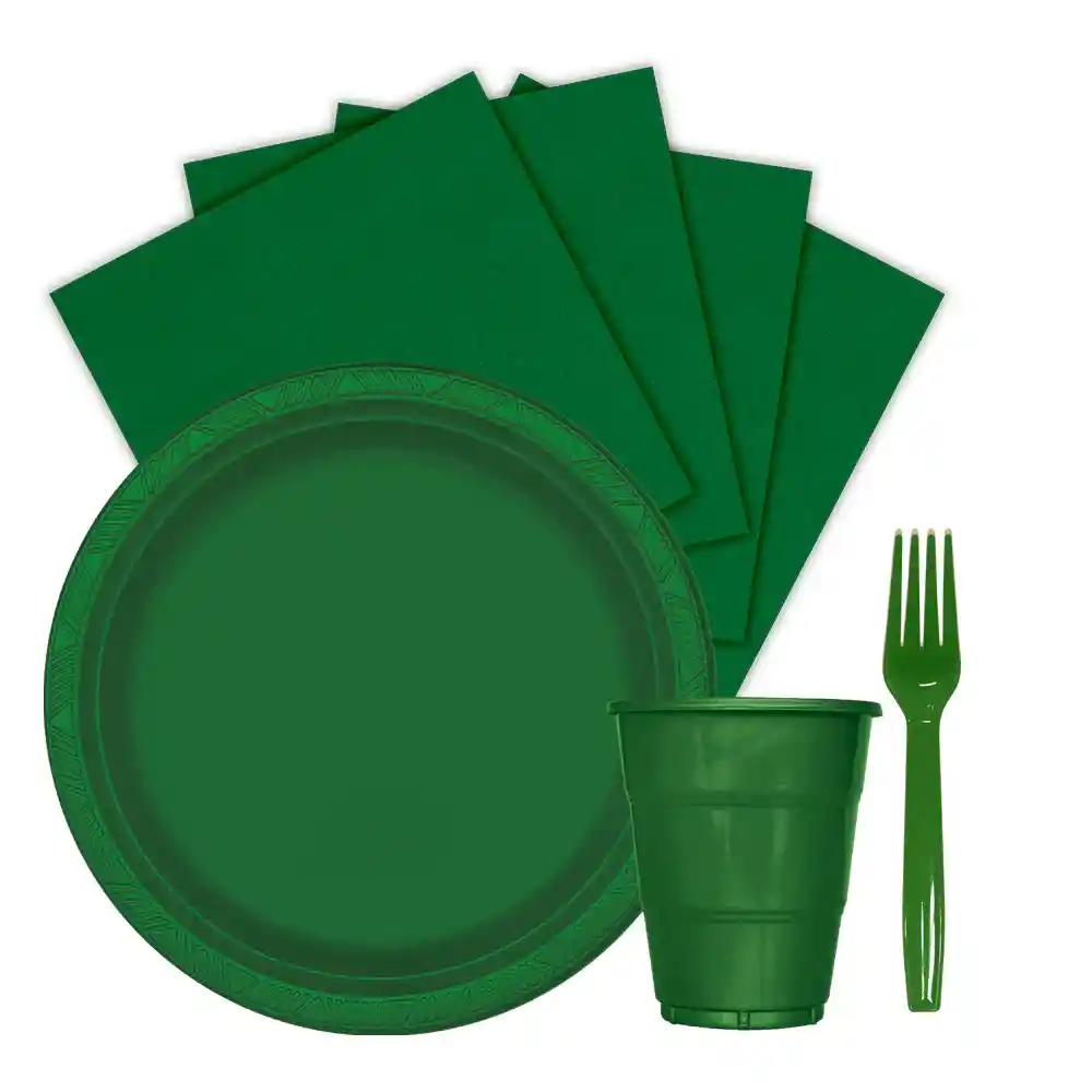 Kit Platos Vasos Servilletas Y Tenedores Desechables Unicolor Verde Esmeralda Marca Sempertex