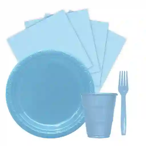 Kit Platos Vasos Servilletas Y Tenedores Desechables Unicolor Azul Pastel Marca Sempertex