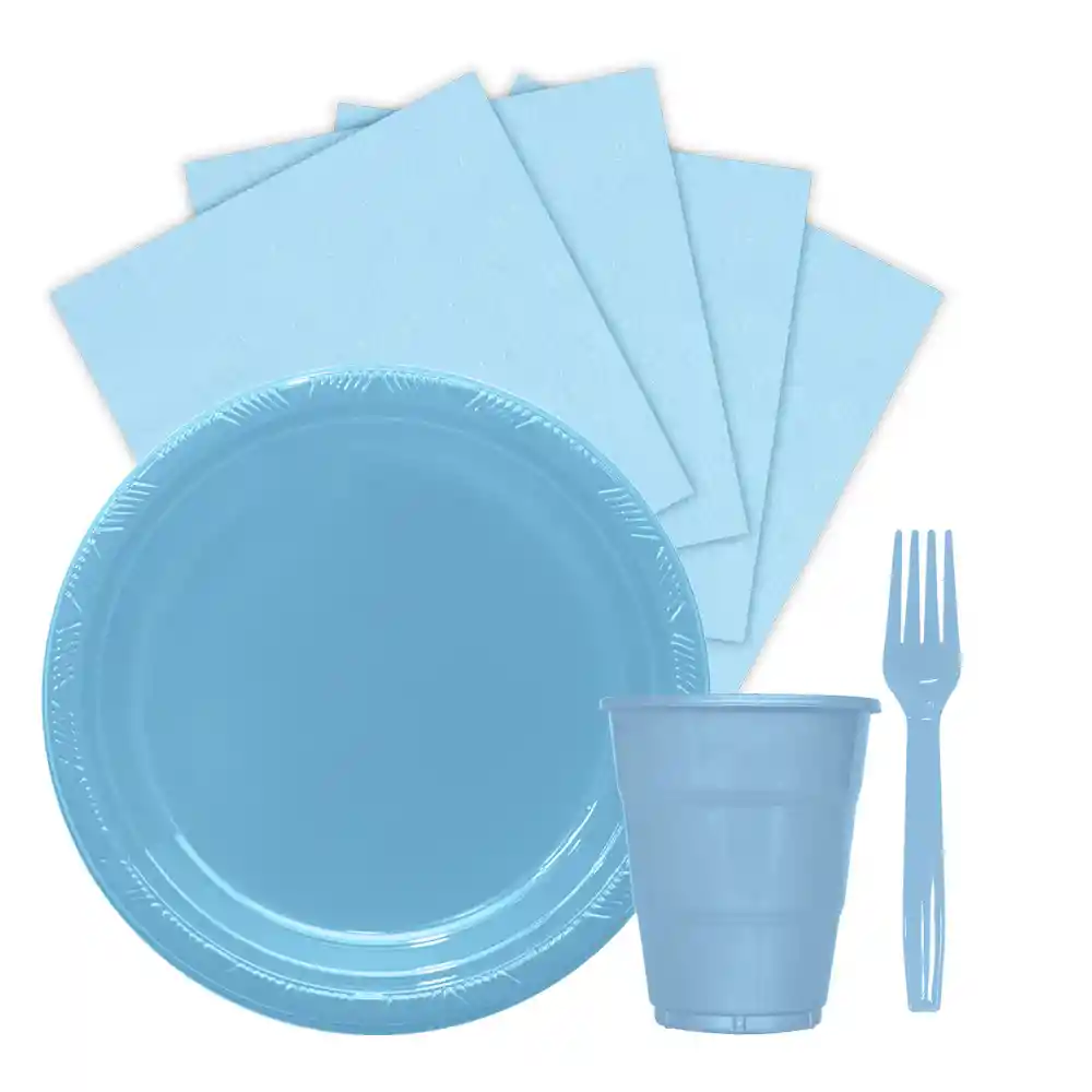 Kit Platos Vasos Servilletas Y Tenedores Desechables Unicolor Azul Pastel Marca Sempertex