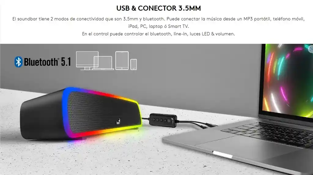 Barra De Sonido Bluetooth Con 10 Modos Rgb, Entrada 3.5 Mm, Usb, Compatible Con Pc, Notebook, Tv Y Celular | Potencia 4w Rms