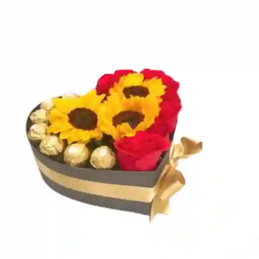 Rosas Y Girasoles Con Chocolates En Caja De Corazon