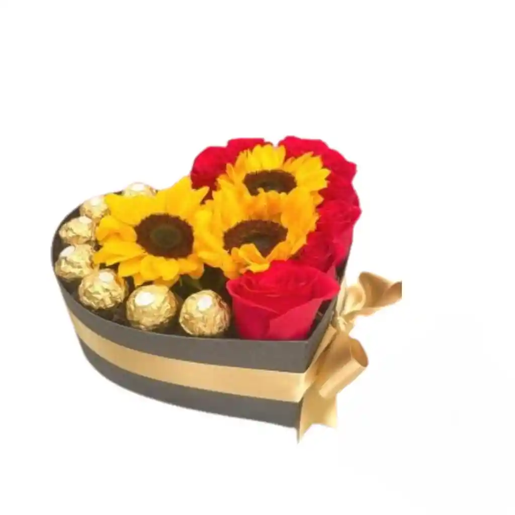 Rosas Y Girasoles Con Chocolates En Caja De Corazon