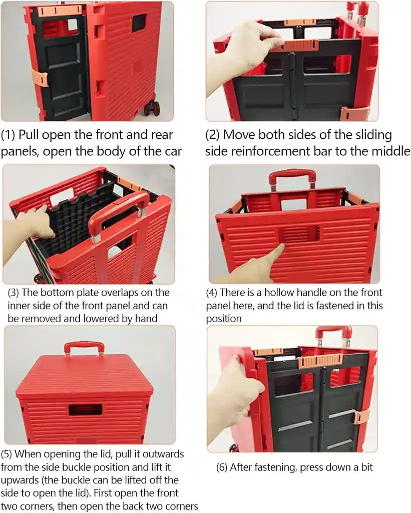 Carro De Compras Plegable Portátil Ruedas Giratorias 360° Negro Con Rojo