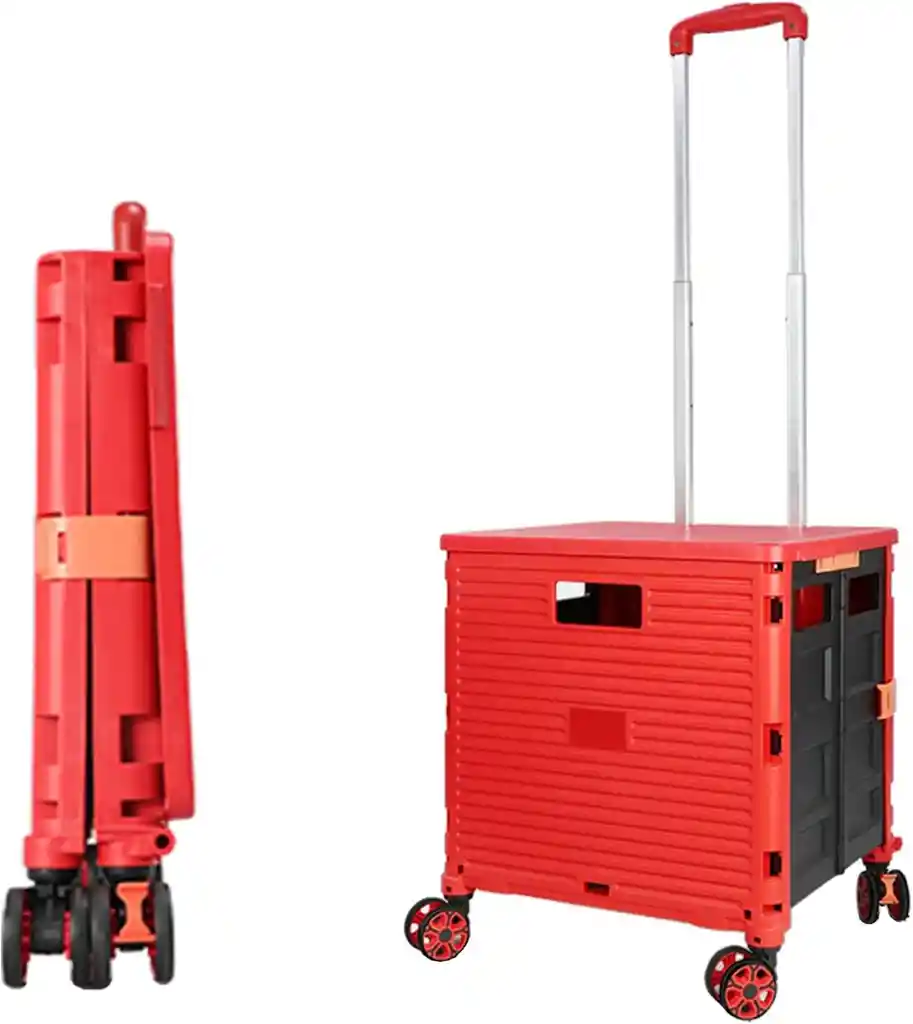 Carro De Compras Plegable Portátil Ruedas Giratorias 360° Negro Con Rojo