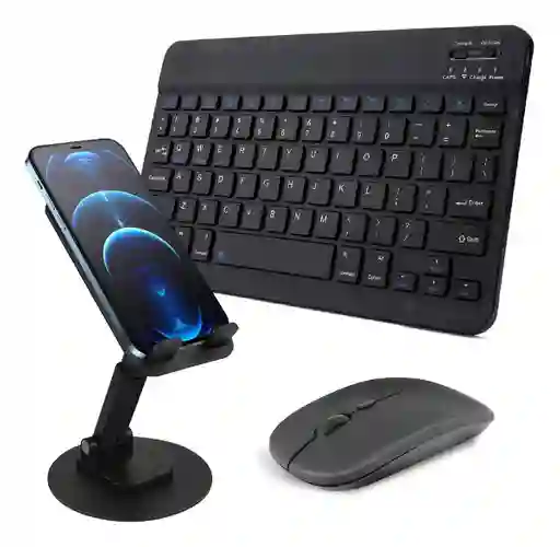 Set 3 En 1 Teclado Bluetooth Compacto Con Mouse + Base Celular