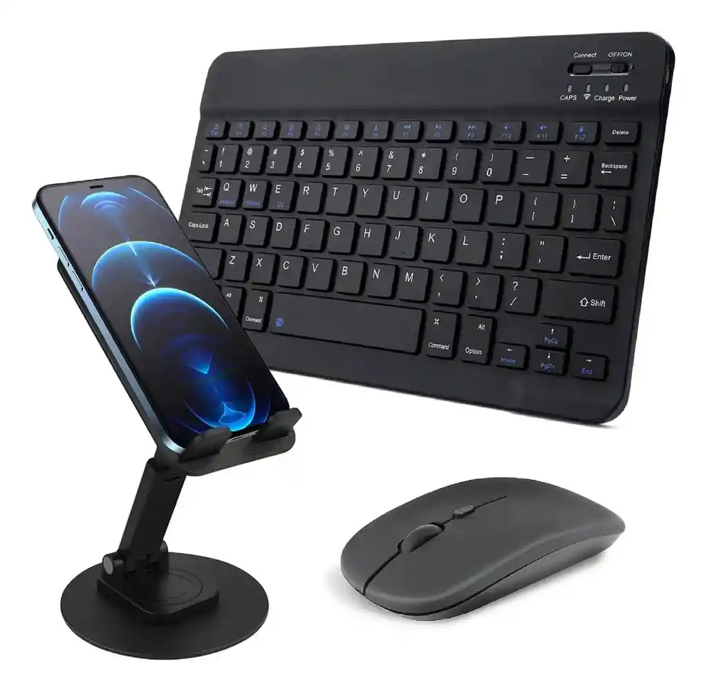 Set 3 En 1 Teclado Bluetooth Compacto Con Mouse + Base Celular